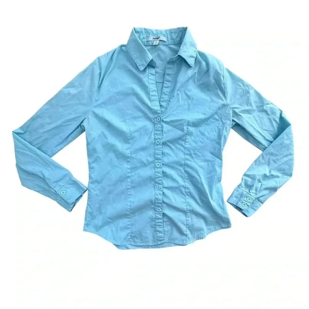 Women's Size Small Long Sleeve Button Down Shirt Blouse Blue business casual
